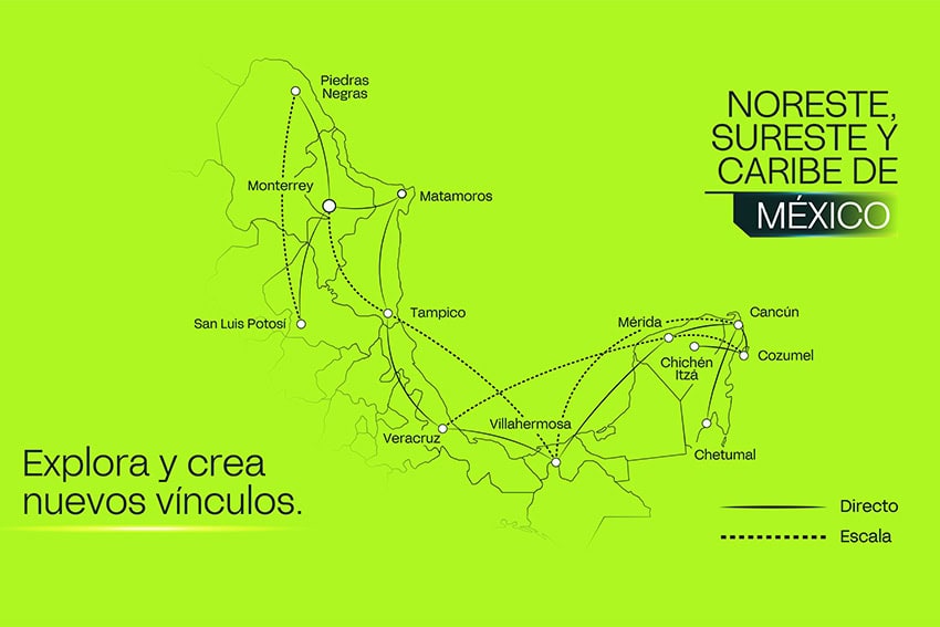 Map showing flight routes in Mexico covered by Aerus Airlines, including Cancun-Cozumel flights, and as far north as Piedras Negras and as far south as Villahermosa.