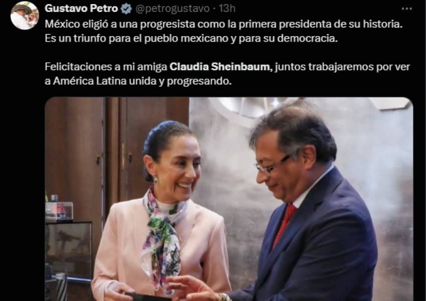 A screenshot of a tweet from Gustavo Petra congratulating Claudia Sheinbaum on her electoral win.