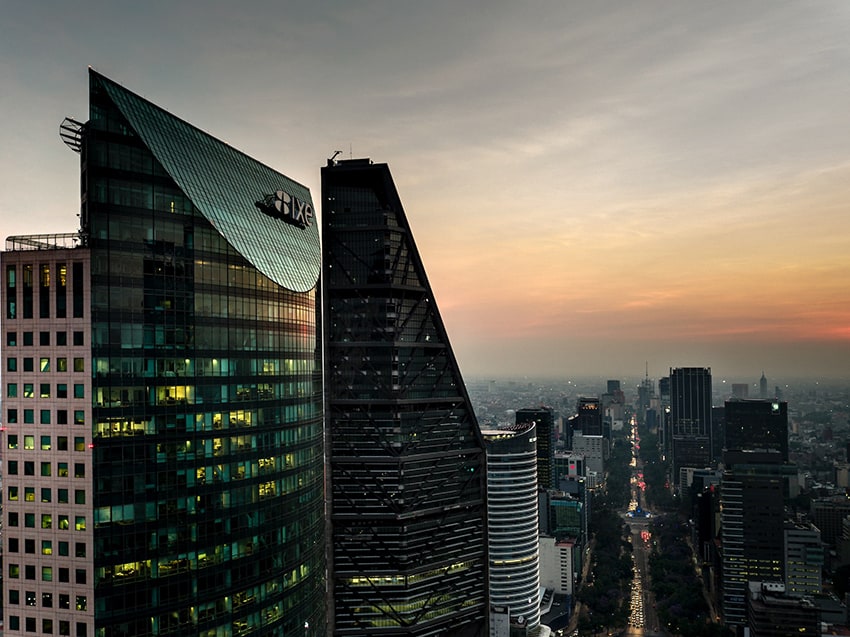 The sun sets on the Torre Mayor and other skyscrapers in Colonia Cuauhtémoc, Mexico City.