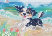 A painting of a running puppy