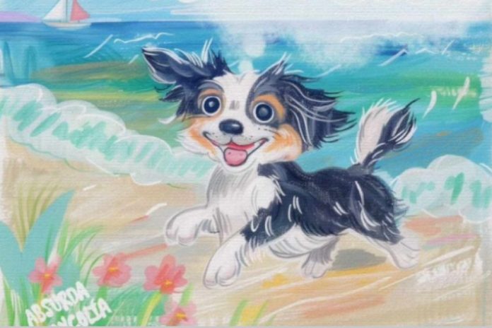 A painting of a running puppy